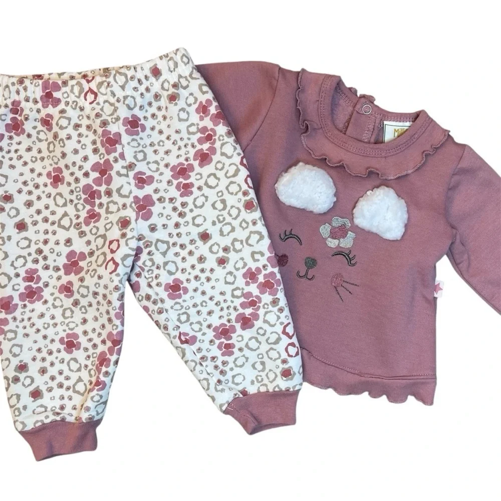 Millie & Myles 3–6M Animal Appliqué Ruffle Top & Leopard Joggers Set